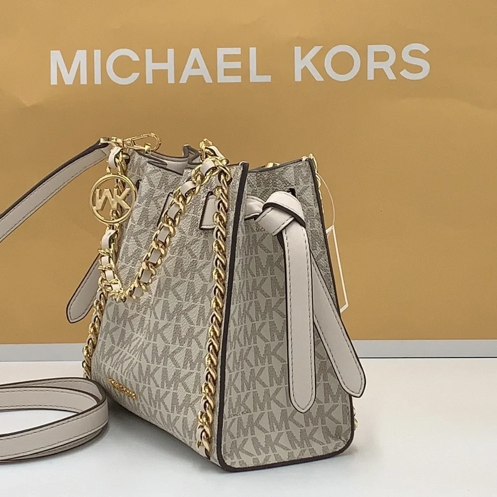 MICHAEL KORS  Mina Small Belted Signature Logo Chain Crossbody LIGHT CREAM MULTI